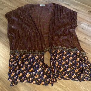 Natural life XL open front cardigan burgundy blue floral lightweight Kimono